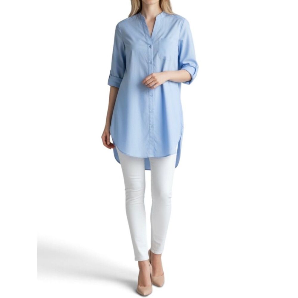 Melissa Paige Blue Mandarin Collar Button Down Roll Tab Sleeve Tunic Blouse S